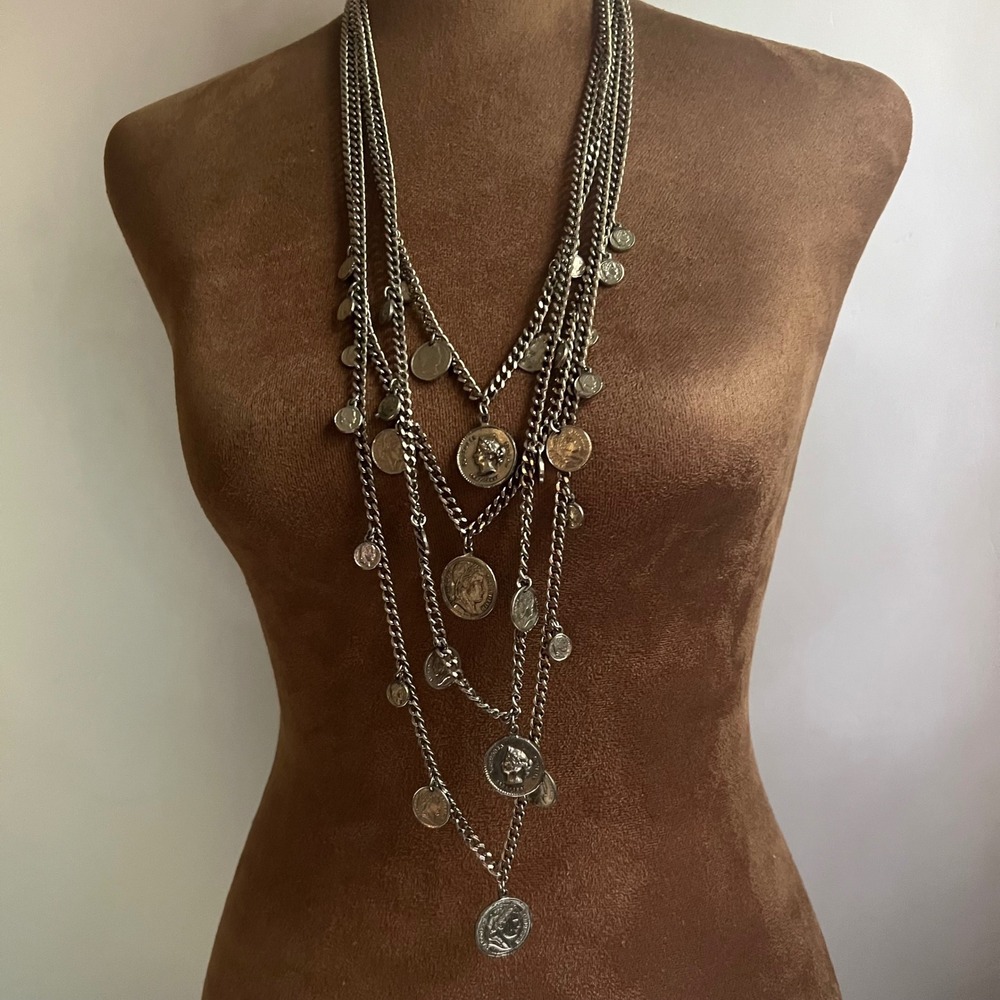 Silver Multi Strand Layered Roman Coin Curb Chain Necklace 24-36" Steampunk